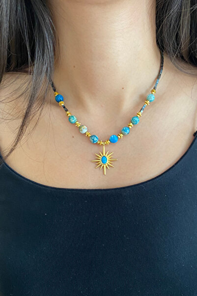 Suerte Accessories Akik ve Hematit Doğal Taş Turkuaz Doğaltaşlı Altın Kuzey Y...