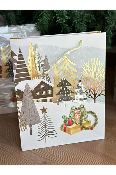 QUEEN AKSESUAR Imported gold shiny christmas houses winter patterned gift package patterned rope hanging cardboard bag sachet