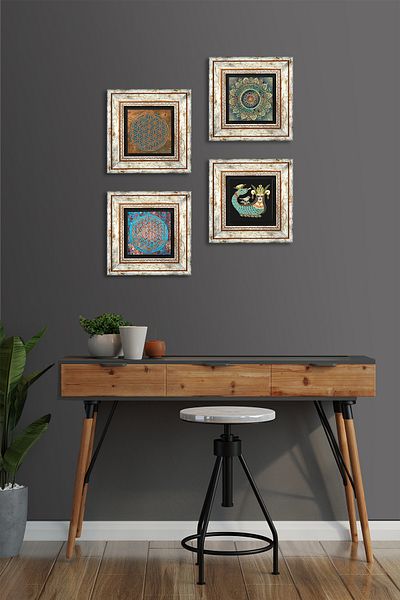 Pinecone Mandala, Floarea Vieții, Pictură pe perete din piatră Shahmeran Decor de perete înrămat Set de pictură 4 piese Tk4-489