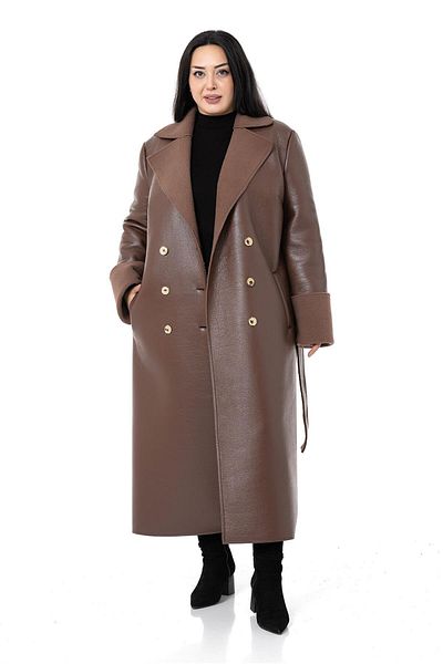 DISENTIS MODEST Large Size Long Leather Brown Coat with Arm Mouth and Fur Inside