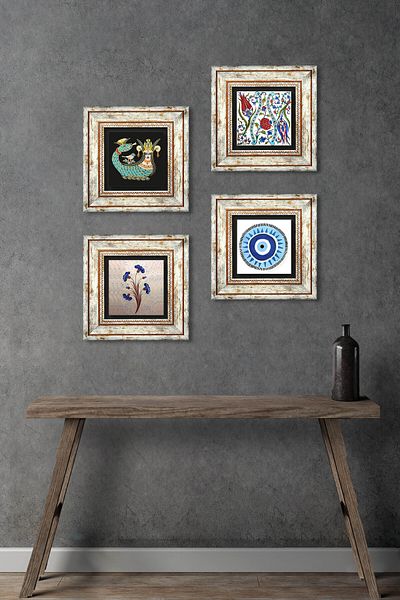 Pinecone Evil Eye, Marbling Art, Tulip, Shahmeran Stone Wall Painting Framed Wall Decor Set of 4 Paintings Tk4-1000