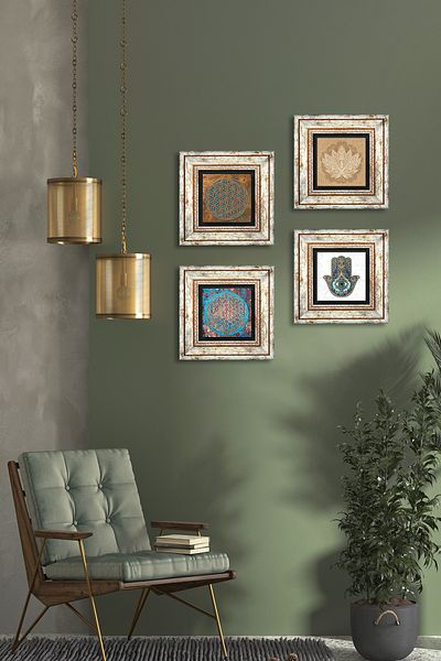 Pinecone Flower of Life, Lotus Flower, Fatma Mother Hand Stone Wall Painting Framed Wall Decor 4 Painting Tk4-421