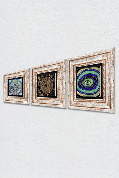 Pinecone Mandala, Evil Eye, Sri Yantra Stone Wall Painting Framed Wall Decor 3 Piece Painting Set