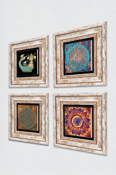 Pinecone Mandala, Floarea Vieții, Pictură pe perete din piatră Shahmeran Decor de perete înrămat Set de pictură 4 piese Tk4-488