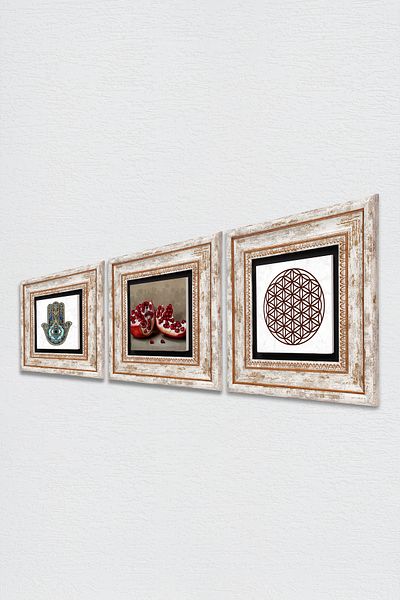 Pinecone Flower of Life, Pomegranate, Fatma Mother Hand (Hamsa) Stone Wall Painting Framed Wall Decor Set of 3 Tk3-742