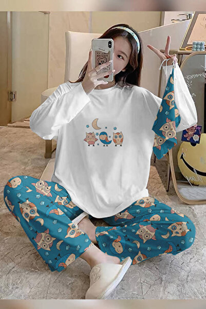 PEMBİŞ HOMEWEAR Bahd Owl 3 White Süpersoft Kadın Pijama Takımı 3430