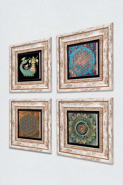 Pinecone Mandala, Floarea Vieții, Pictură pe perete din piatră Shahmeran Decor de perete înrămat Set de pictură 4 piese Tk4-489
