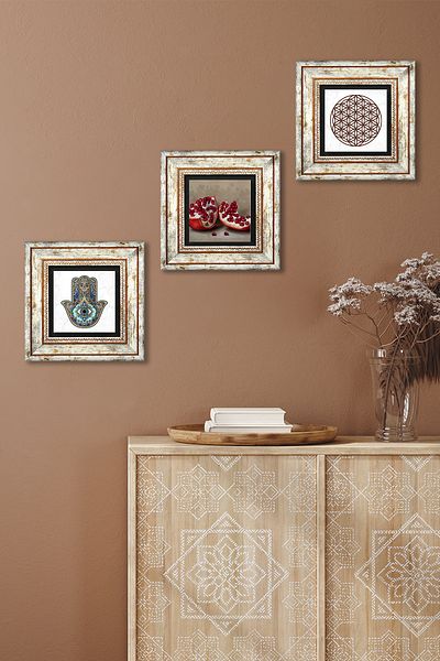 Pinecone Flower of Life, Pomegranate, Fatma Mother Hand (Hamsa) Stone Wall Painting Framed Wall Decor Set of 3 Tk3-742