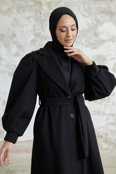 InStyle Diana Balloon Sleeve Belted Cashmere Coat - Black