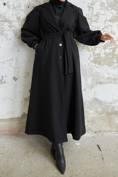 InStyle Diana Balloon Sleeve Belted Cashmere Coat - Black