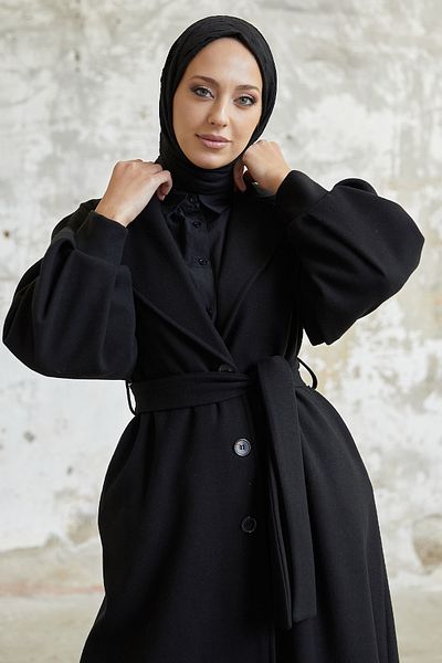 InStyle Kašmírový kabát Diana Balloon Sleeve Belted Cashmere Coat - Black