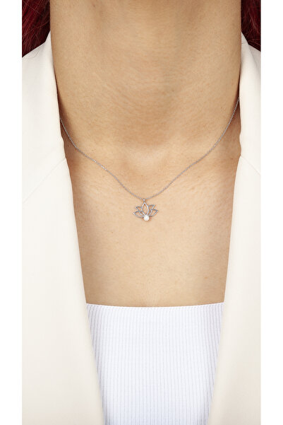 klas gümüş İncili Lotus Çiçeği Rodaj Kolye- 925 Ayar Gümüş