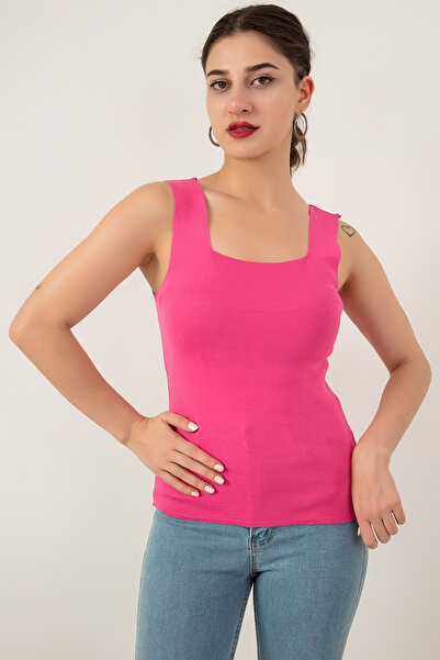 PULLIMM Women's Pink Tank Top Thick Strap Tank Top Thin Summer Square Neck Knitwear ESP039