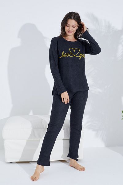 Siyah İnci anthracite printed Knitted Printed Pajama Set