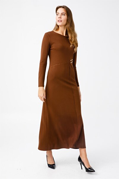 Esswaap Asimetrik Cıt Cıt Aksesuarlı Elbise Kahve