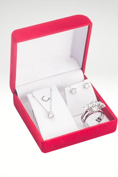 byess 925 Ayar Gümüş Özel Kadife Kutulu Hediyelik Tek Taş Set