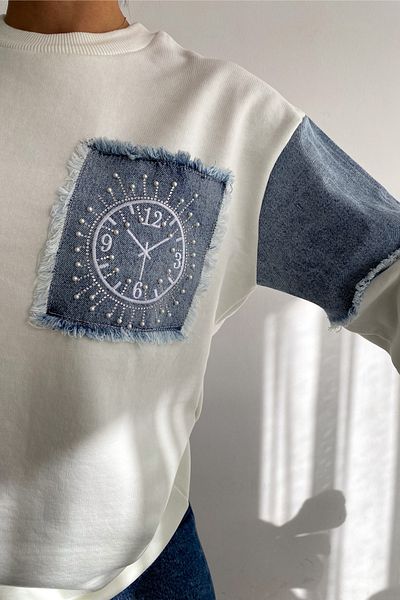 FEMELLE Hanorac de damă din denim ecru din bumbac brodat cu pietre