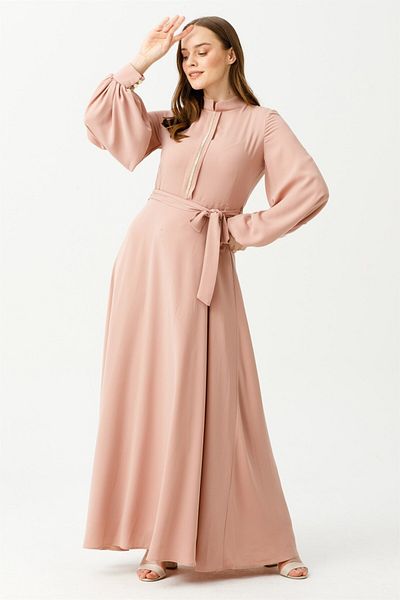 Esswaap Skirt Flared Cut Front Jewelled Flowing Dress Powder