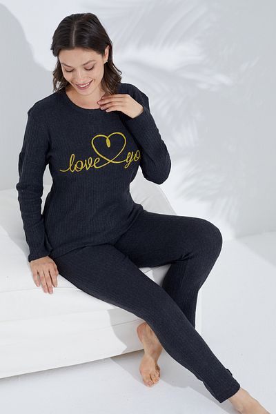 Siyah İnci anthracite printed Knitted Printed Pajama Set