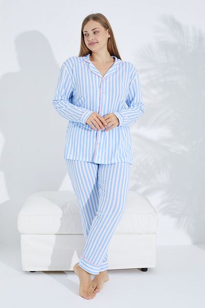 Siyah İnci Blue and white stripe patterned Curve Plus Size King size Buttoned Pijama Cotton Pajama Set