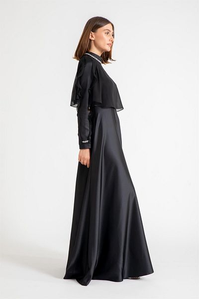Esswaap Evening Dress with Ruffle Detail on the Sleeves and Stone Detail Black