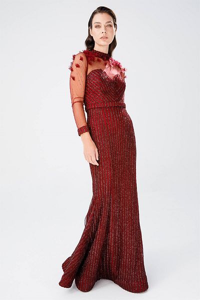 Esswaap Stylish Evening Dress with Fish Cut, Tulle and Lace Claret Red