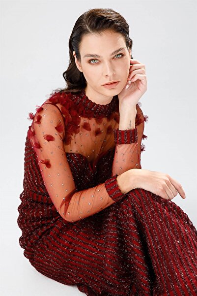 Esswaap Balık Kesimli, Tül Ve Dantelden Oluşan Şık Abiye Elbise Bordo