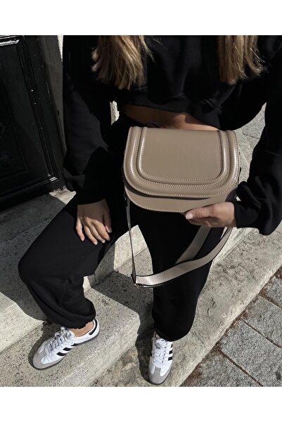 Tina Kanvas Askılı Kapaklı Çanta Vizon