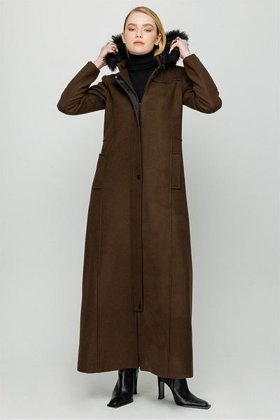Esswaap Fur Detailed Hooded Full Length Coat Khaki