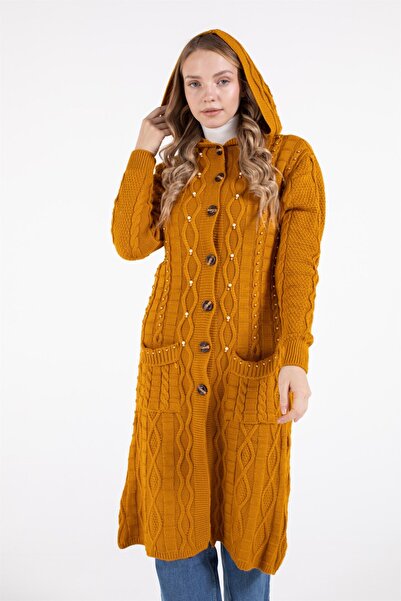 Esswaap Önden Cepli Kapişonlu Hırka Hardal