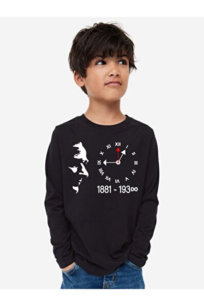 lepiska 10 Kasım Atatürklü Uzun Kollu Siyah Tişört, 10 Kasım Atatürk Baskılı Sweat, Unisex Siyah Pamuklu