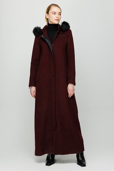 Esswaap Fur Detailed Hooded Full Length Coat Claret Red
