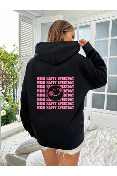 PALPİTO Hanorac cu glugă cu glugă cu imprimeu Black Wish Happy pentru femei