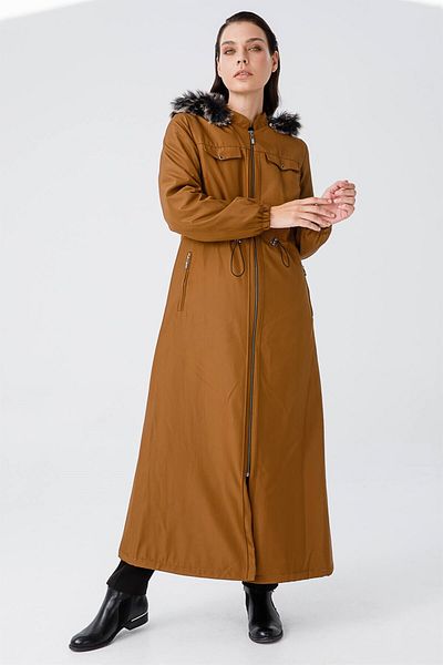 Esswaap Ornamental Pocketed Waist Drawstring Fur Inside Full Length Parka Tan