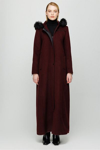 Esswaap Fur Detailed Hooded Full Length Coat Claret Red