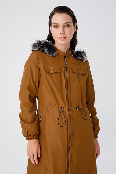 Esswaap Ornamental Pocketed Waist Drawstring Fur Inside Full Length Parka Tan