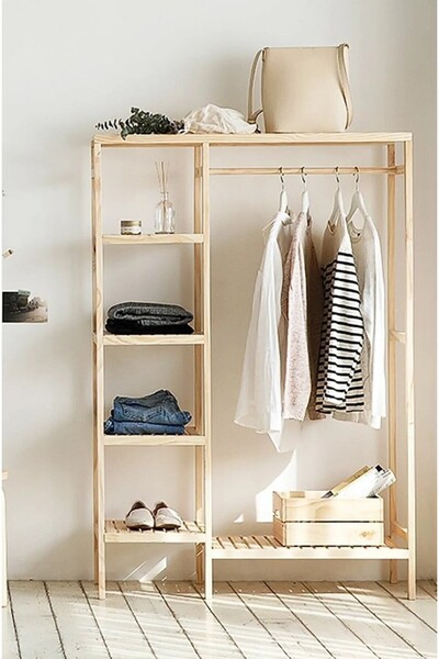 NORA DEKOR Ahşap Ayaklı Askılı Raflı Çok Amaçlı Elbise Dolabı Gardrop