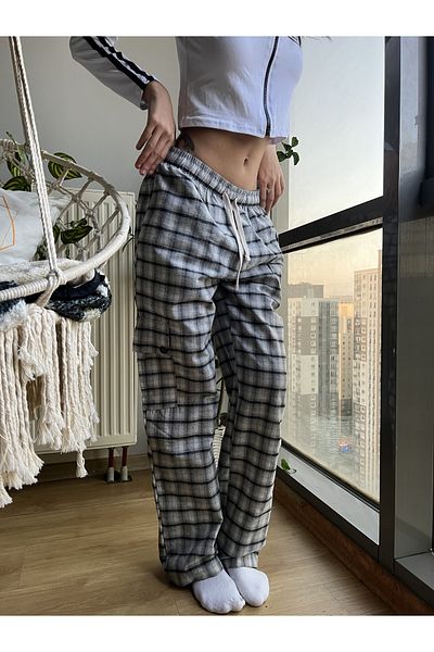 Gofeel Y2k Black and White Plaid Relaxed Tech Loose Sweatpants