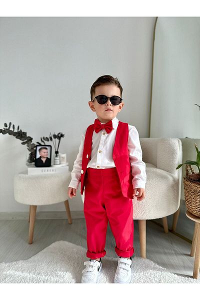 favorimkids Boy's Suit - Set of 4 with Red Gabardine Vest