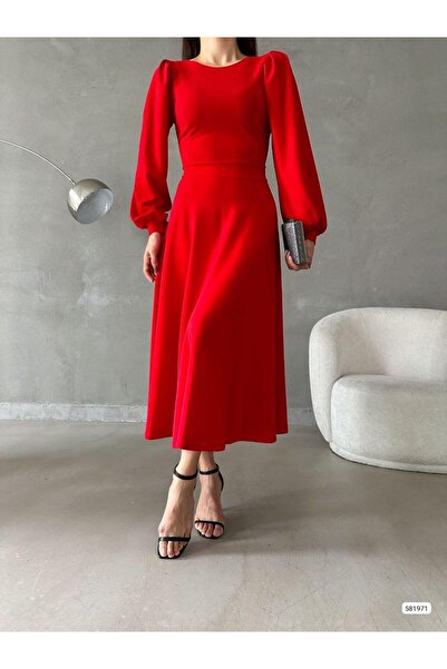 twomeey Kadın Balon Kol Etek Detay İthal Krep Kumaş Elbise (Renkli)