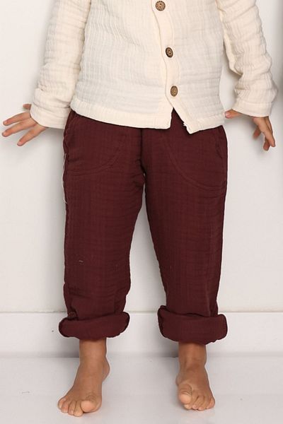 Cuckoo Cotton 4 Layer Muslin Fabric Children's Trousers - Claret Red