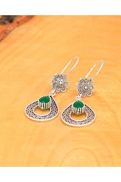 Midyat Nurtaş Gümüş Zümrüt Taşlı Damla Tasarım Telkari Gümüş Küpe
