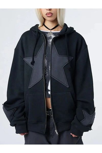 Gofeel Harajuku Street Star Detail Oversize Kangaroo Pocket Tech Cardigan gf