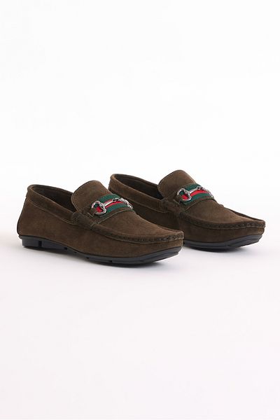 Tonny Black Men's Khaki Front Buckle Suede Genuine Leather Loafer