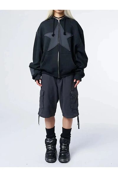 Gofeel Harajuku Street Star Detail Oversize Kangaroo Pocket Tech Cardigan gf