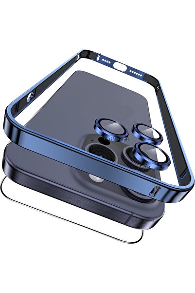 m.tk moveteck İphone 15 Pro Kılıf Tam Kamera Korumalı Metal Çerceveli Kilitli Bumper Kapak Mat Buzlu Titanyum