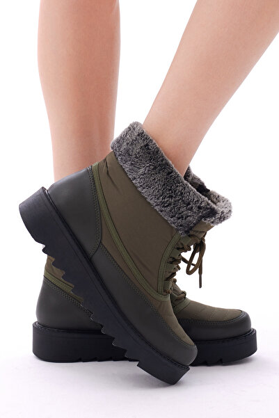 Tonny Black حذاء ثلج نسائي كاكي مريح برباط من الأمام وفراء من الداخل