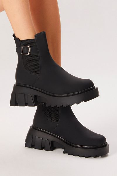 Tonny Black Women's Black Leather Elastic Buckle Comfortable Mold Boots