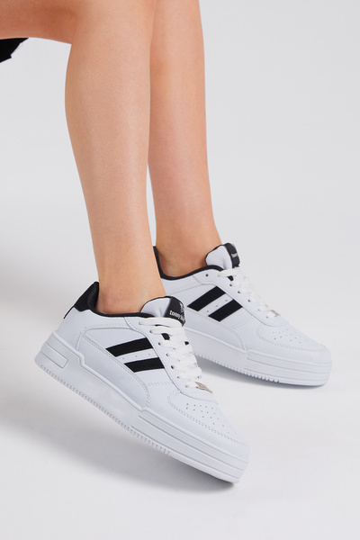 Tonny Black Unisex Beyaz Siyah Yanı Çizgili Bağcıklı Rahat Kalıp Sneaker