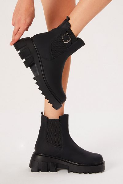 Tonny Black Women's Black Leather Elastic Buckle Comfortable Mold Boots